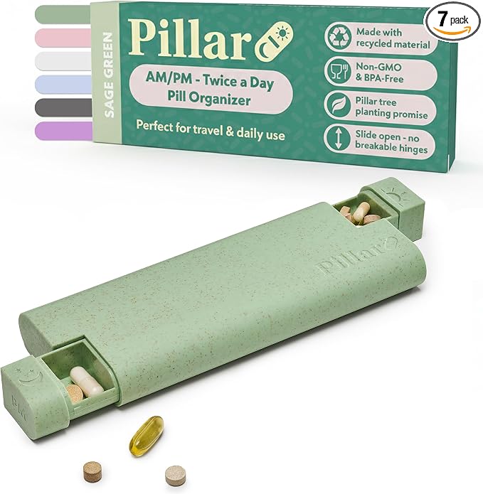 Pillar AM/PM Pill Box Organizer Two Times a Day | Aesthetic 7 Day Tablet Organizer 2 Times A Day | Beautiful Weekly Pill Box for Day and Night Medication (Sage Green)