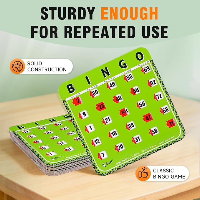 Regal Bingo Bulk Bingo Cards with Sliding Windows - Reusable Large Print Bingo Game Cards for Adults Large Group - 8 Pack, Green