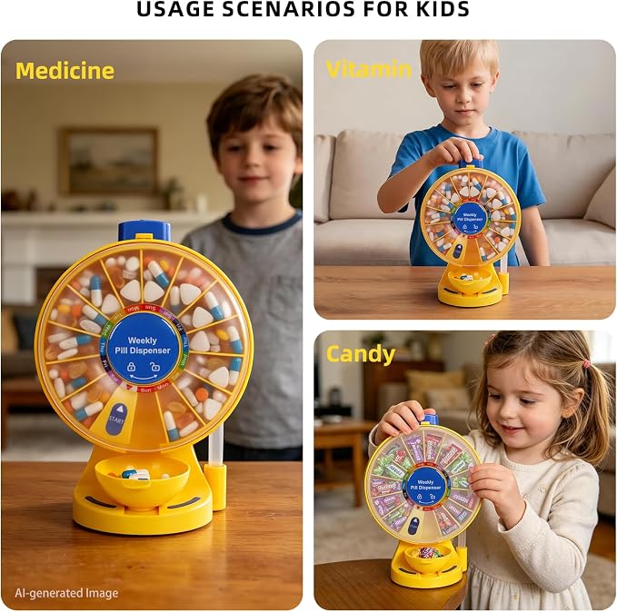 EziMedPil Pill Organizer for Children’s Vitamins with No-Flip & Child Proof | One-Press Button Wall-Mounted or Free-Standing Container as Gift for Kid’s Candy, Repeatedly Pressing as a Stress-Relief Toy