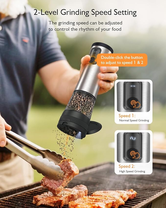 Electric Salt and Pepper Grinder Set, Upgraded 2-Speed Setting, External 5 Adjustable Coarseness, Battery Display Rechargeable Base, Stainless Steel Automatic Salt & Pepper Shakers Mill with LED Light