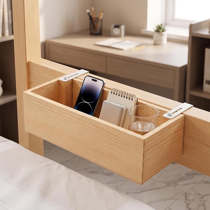 Bamboo Dorm Bedside Caddy Shelf for Bunk Bed | Dorm Bed College Dorm Room Essentials Bed Shelf Side Table Storage Decor for Teen Girl boys