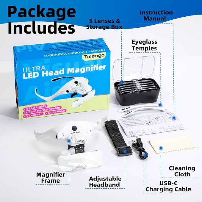 Rechargeable Head Magnifier with 4 LED Lights and 5 Lenses – Hands-Free Magnifying Headset for Close Work, Jewelry, Crafts, Eyelash Extensions, Magnifying Glasses Alternative