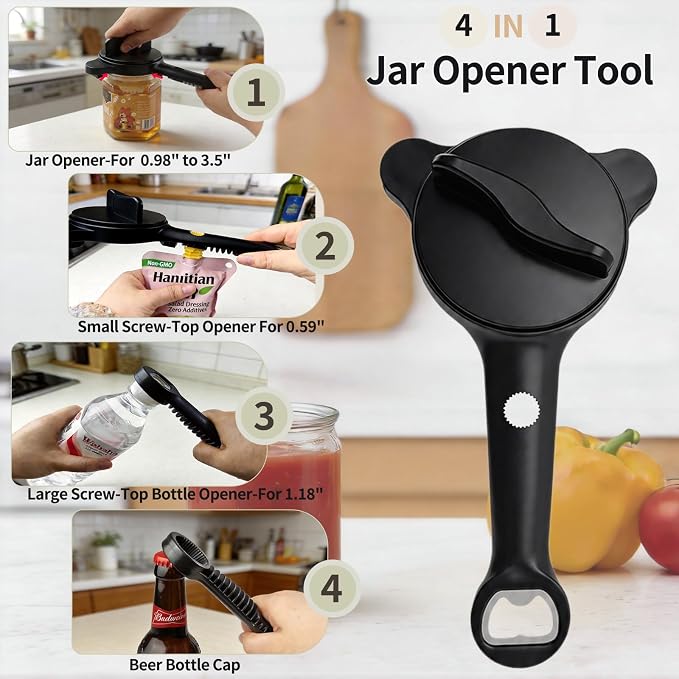 4-in-1 Jar Opener for Weak Hands, Seniors with Arthritis (Black) | Multi-Purpose Lid Opener Includes Magnetic Hook & Rubber Gripper for Jars, Bottles and Beer Caps Simple Twist-off Operation