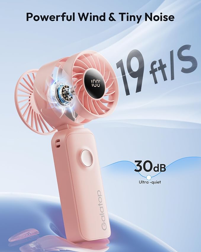 Gaiatop Portable Handheld Fan, 5 Speed Rechargeable Battery Max 18 Working Hours, 3 IN 1 Neck/Desk/Hand Fan Cooling for Travel, Beach, Women/Men Outdoor Activities Gifts - Pink