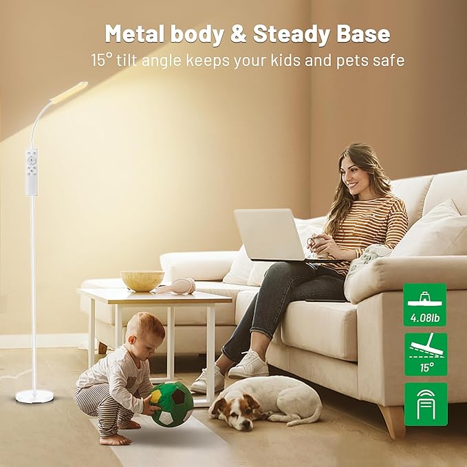 Dimmable LED Floor Lamp, Super Bright Reading Lamps Floor Standing Lamp with Remote & Touch Control, Stepless Dimming & 2700K-6500K Color Temperature, for Living Room Bedroom Office, White