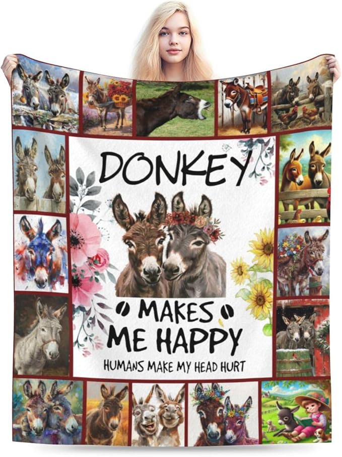 Donkey Blanket Soft Cozy Donkey Plush Throw Blanket Farm Donkey Stuff Decor Warm Lightweight Animal Flannel Fleece Blanket Giftsfor Lover Girls Kids Boys Women Adults Bed Travel 60"x80"
