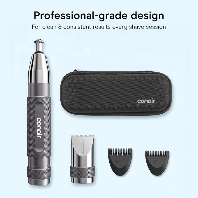 Conair Cordless Nose Ear and Eyebrow Trimmer Grooming Kit | 5-Piece Metal Grooming Kit with Patented 360° Bevel Blade for Safe Trimming, Metallic, PG7500R