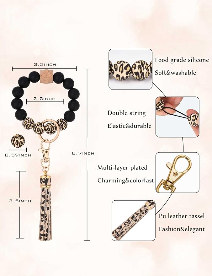 BAOSIWA Silicone Beaded Bracelet Keychain Wristlet Key Ring Bangle Chains for Women with Leather Tassel