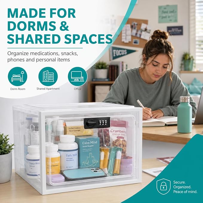 2 Pack Large Medication Lock Box with Code, Clear Lockable Storage Box for Refrigerator, Cabinet & Dorm, Stackable Medicine Box for Prescriptions, Snacks, Phone, 11.9" x 9.3" x 7.6", White