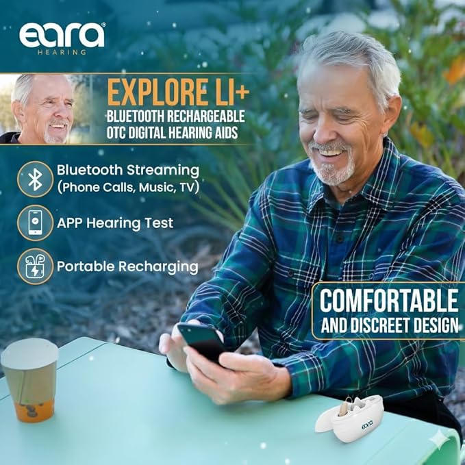 Eara Explore Li+ Rechargeable OTC Hearing Aids – Self-Fitting, Bluetooth 5.0 with Phone & Music Streaming | App-Controlled, Receiver-in-Canal (RIC) Design | FDA-Registered for Seniors and Adults 2025