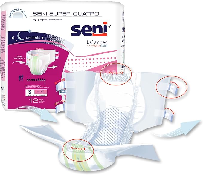Seni Super Quatro Unisex Adult Incontinence Briefs with Tabs, Size Small (22"-31"), 24 Count (2 Packs of 12), Severe Absorbency, Disposable Overnight Briefs for Men & Women