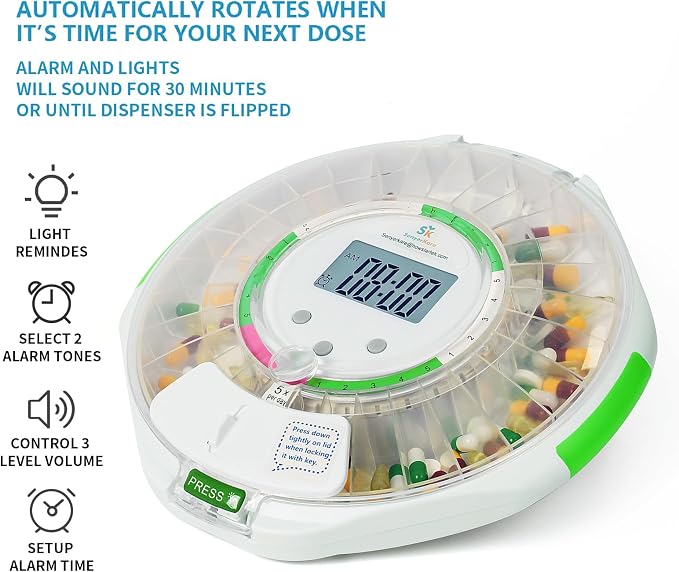 Bluetooth Automatic Pill Dispenser for Elderly with APP Alarm | Medication Track History, Sound/Light Alert, Up to 9 Daily Doses, 28 Day Locked Medication Organizer for Dementia & Caregiver