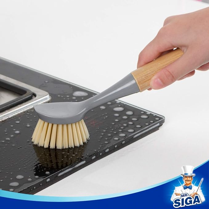 MR.SIGA Dish Brush with Bamboo Handle Built-in Scraper, Pack of 2 | Scrub brush for dishes, pans, pots, kitchen sinks cleaning, palm scrubber, palm scrub brush, dish scrubber with handle
