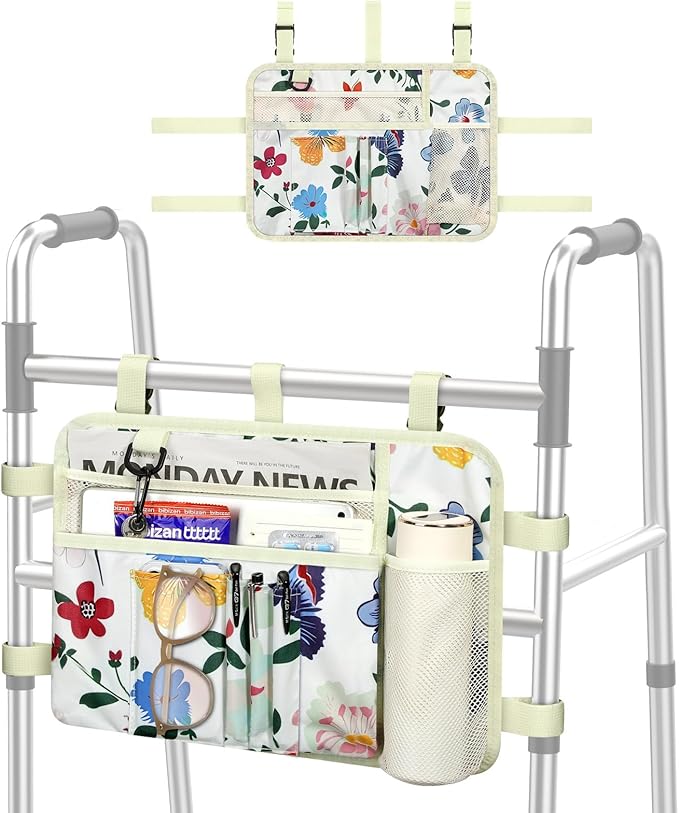 MoKo Walker Bag, Walker Basket with Water Cup Holder, Accessories for Seniors with Multiple Pockets and Zippered Compartment, Storage Pouch for Rolling Folding Walkerm, Beige & Butterfly