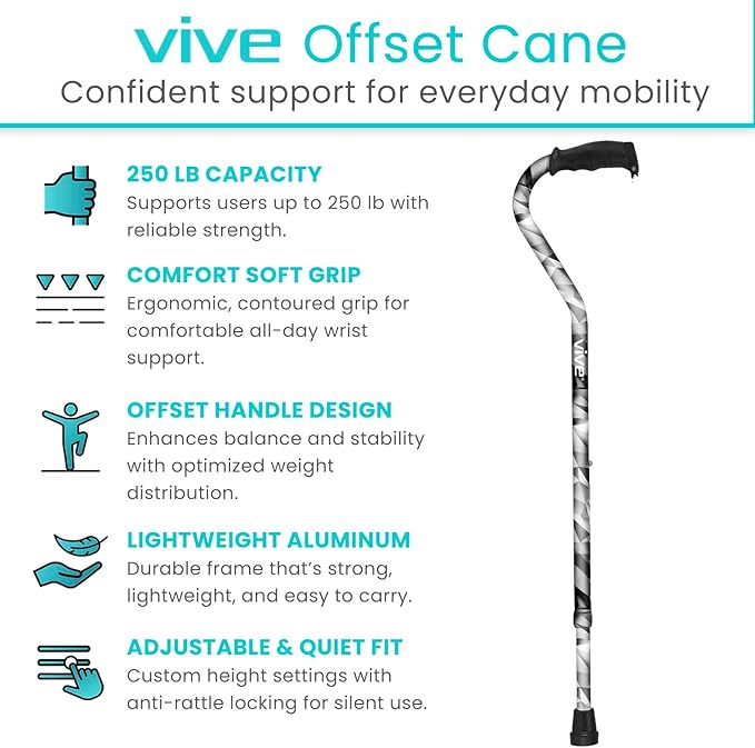 Vive Walking Cane for Women, Men, Elderly - Patented Offset Grip - Lightweight Adjustable Walking Aid with a Non-Slip Tip - Sturdy Balancing Mobility Aid for Seniors