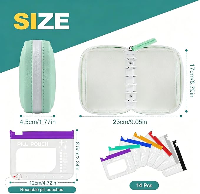 Waterproof Pill Organizer Set, Pill Pouch Organizer Binder, Waterproof Pill Pouch Set, Travel Medicine Organizers with 14 Color-Coded Pouches, Leakproof Reusable Zippered Storage Case(Green)
