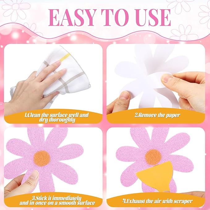 24 Pcs Flower Non Slip Bathtub Sticker Daisy Skidproof Shower Sticker Anti Slip Shower Decals Bathe Treads Adhesive Appliques Scraper Bright Flower Adhesive Decal for Bathroom Decor(Pink)