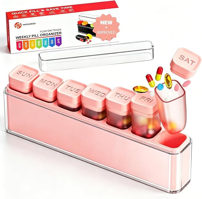 HIONXMGA Weekly Pill Organizer, Detachable 7-Color Pill Box, Easy Tracking | Portable Travel Pill Case Container for Daily Vitamin Supplement Fish Oil, Silicone-Seal, Lasting Labels, Quick Fill (Pink)