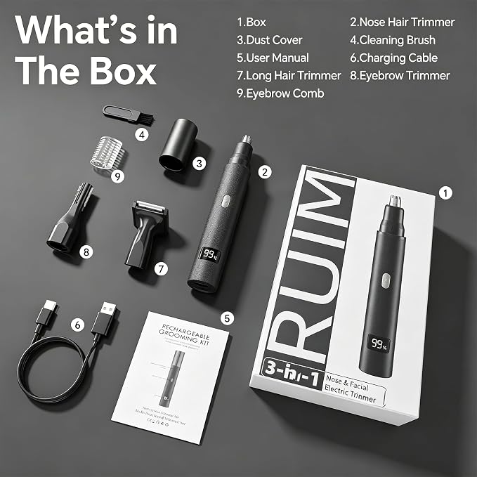 RUIM 3-in-1 Nose Hair Trimmer for Men, Electric Ear & Eyebrow Groomer with LED Display, USB-C Rechargeable, Waterproof Dual-Blade Facial Hair Trimmer, Precision Grooming Kit