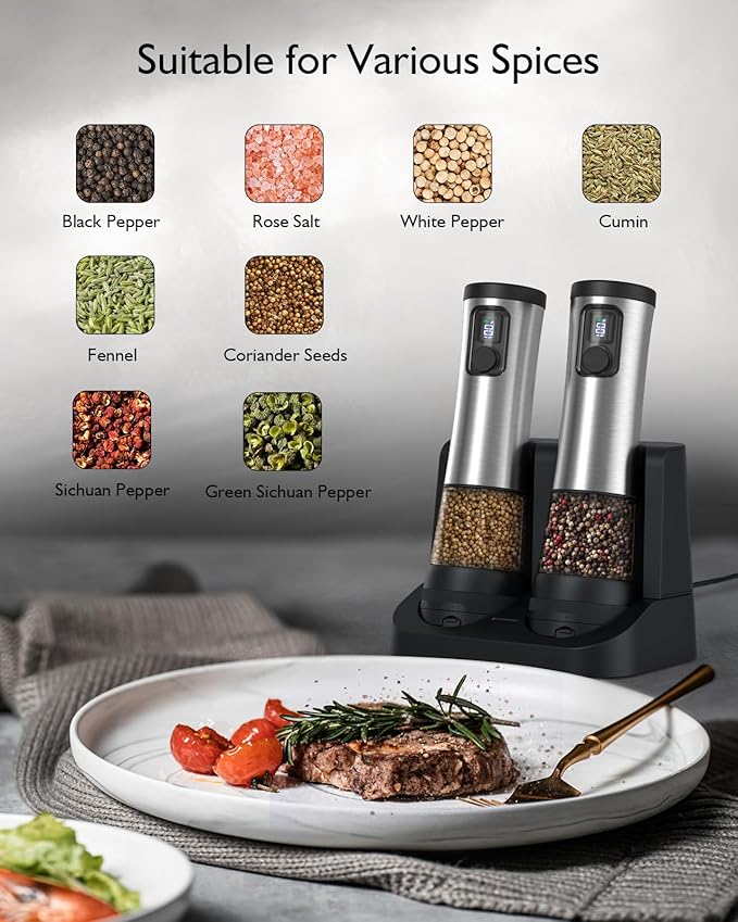 Electric Salt and Pepper Grinder Set, Upgraded 2-Speed Setting, External 5 Adjustable Coarseness, Battery Display Rechargeable Base, Stainless Steel Automatic Salt & Pepper Shakers Mill with LED Light