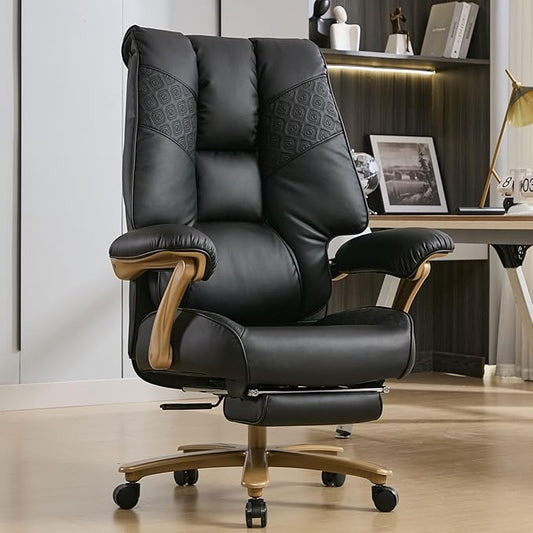 Big and Tall Executive Office Chair with Footrest, 400LBS Capacity Ergonomic High-Back Desk Office Chair with Lumbar Support, Padded Armrests & Thick Cushion, Black PU Leather Chairs
