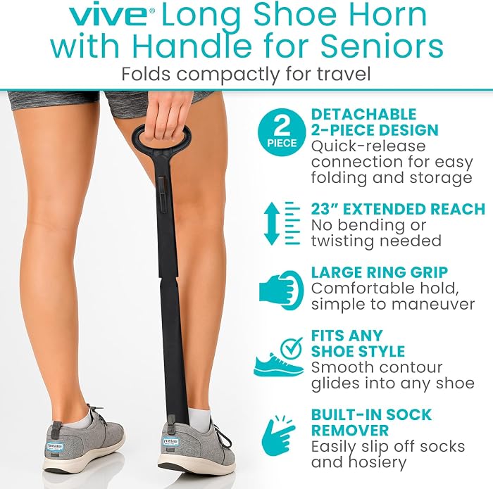 Vive Long Shoehorn for Seniors with Handle 23" | Sock Remover, Long Handled for Men & Women, Boot Shoe Helper and Sock Aid, Extra Reach, Patent-Pending Foldable
