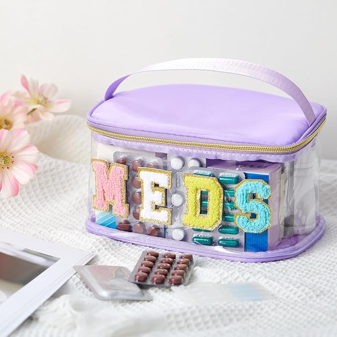 Geetery Chenille Letter Bag, Meds Cheer Travel Cases Cheerleader Gifts Cosmetic Bag Nylon Makeup Portable Preppy Patch with Zipper Toiletry Storage Case for Women(Purple,Meds)