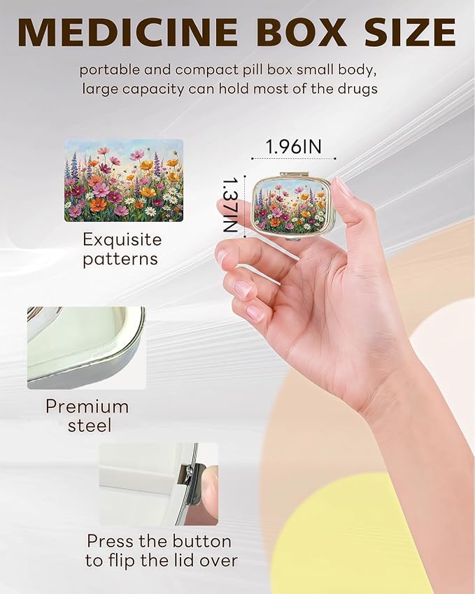 LRITER Pill Case, 2 Compartment Portable Small Travel Pill Organizer for Purse and Pocket, Stylish Medicine Case with Multiple Patterns, Daily Pillbox for Home & Travel (Little Flower)