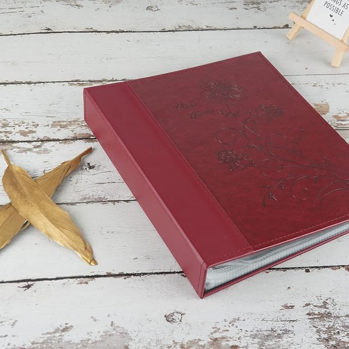 Photo Album 8x10 Clear Pages Pockets Leathe Cover Slip Slide in Photo Album Holds 50 Vertical 8x10 Photos Picture Book for Wedding Family (Red)