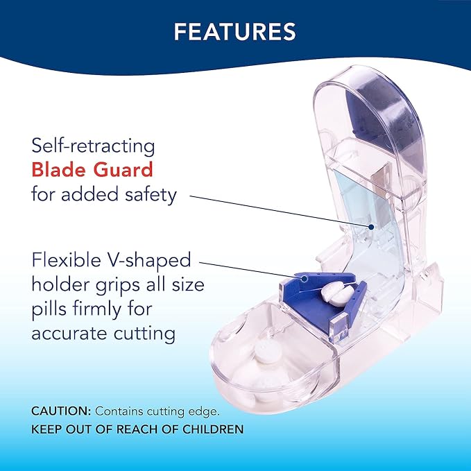 Apex Ultra Pill Cutter - Pill Splitter with Retracting Blade Guard - for Cutting Small Pills or Large Pills in Half, Blue/Green and Clear, 1 Count, Assorted Colors (Pack of 2)