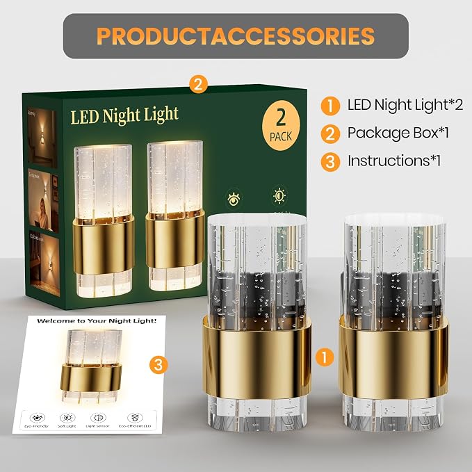 Night Lights Plug into Wall, Dimmable LED Night Light [2-Pack], Acrylic Dusk to Dawn Sensor Nightlight, Adjustable Wall Lights for Bathroom, Hallway, 3000K Warm White