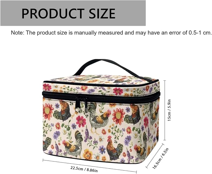 Countryside Chicken Floral Makeup Bag Women Travel Cosmetic Bag for Women, Rooster Flowers Print Large Capacity Portable Toiletry Bags with Handle
