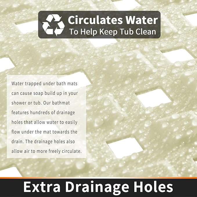 Yimobra Non Slip Bath Mat, Super Strong Suction Cups,34.5"x15.5"Long Tub Mat with Drain Holes, Machine Washable Fast Draining Shower Mats, Bathroom Essentials,Beige