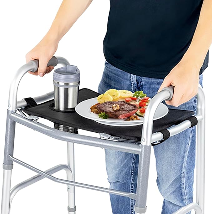 Vive Walker Tray for Folding Walker - (w/Cup Holder) - Adult Mobility | Accessories - Fits Standard Walkers - Medical Table for Seniors Non Slip Mat for Food - Removable & Easy Assembly (Black)