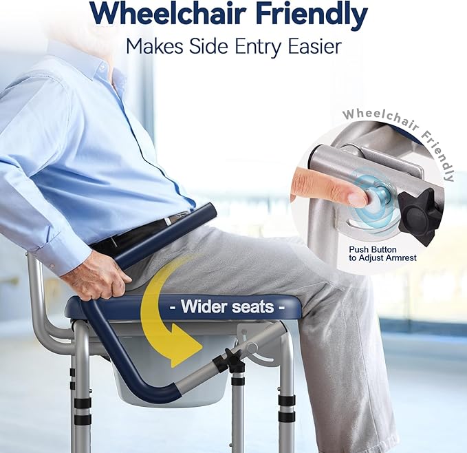 Drop Arm Bedside Commode, Commode Toilet with Padded Seat and Backrest, 300lbs Capacity, 6.3QT Removable Bucket and Splash Guard, Adjustable Height Portable Toilet for Adults, Blue