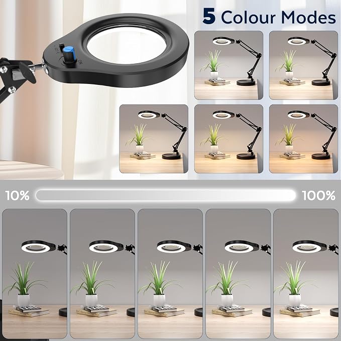 15X Magnifying Glass with Light and Stand, 84 LED Desk Magnifying Glass wtih Clamp,5 Color Modes Stepless Dimmable LED Lighted Desk Lamp for Craft Hobby Painting Reading Sewing Close Work