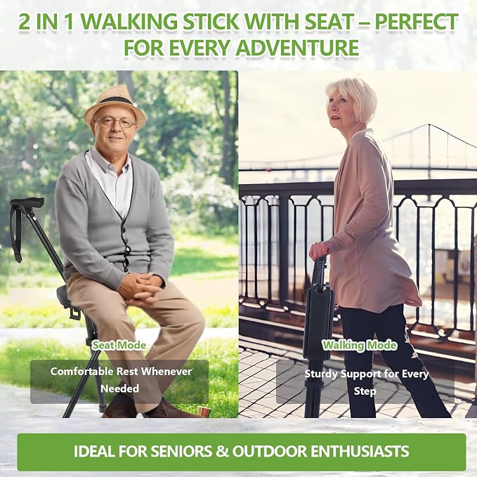 Walking Cane Chair Portable Folding 2-in-1 Trekking Pole Stick with Seat, Adjustable Sturdy Anti-Slip Lightweight Aluminum for Hiking Camping Seniors Walking