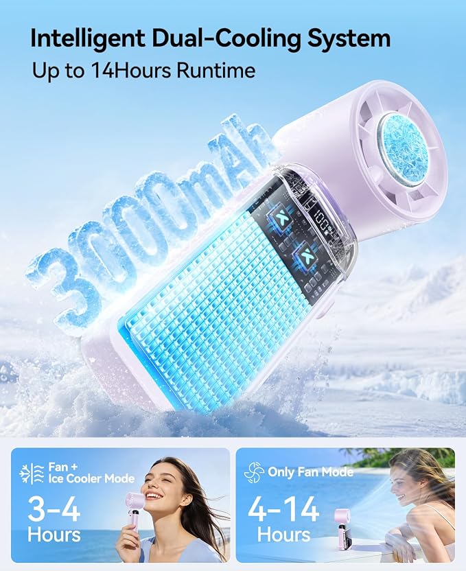 KIMMOO Handheld Portable Turbo Fan with Ice Cooler, Powerful 21000 RPM, Speed (1-199), Up to 14Hrs Cooling, Rechargeable Personal Fan, Small Pocket Hand Fans for Travel/Outdoor/Home/Office (Purple)