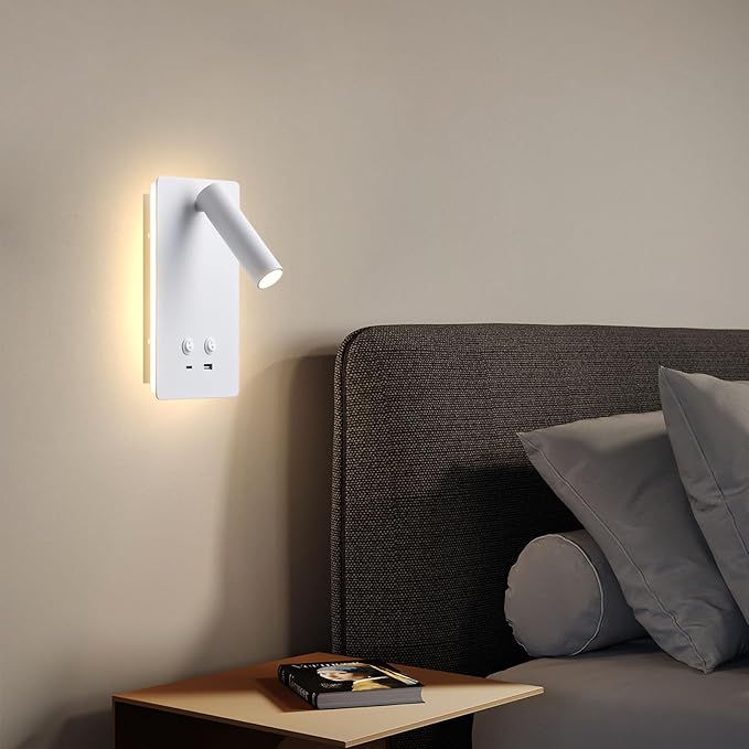 LED Wall Lamp Wall Mounted Reading Lights with 3 Brightness Dimmable, Adjustable Headboard Plug in Wall Sconce with USB C+A Ports, Bed Side Lamp with 9W+3W Night Light 3000K