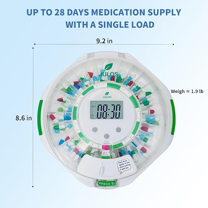 JULOS 28-Day Automatic Pill Dispenser with Audio & Visual Alerts for Elderly, up to 6 Alarms/Day, Easy-Read LCD Display, 9 Dosage Templates, Lock Medicine Dispenser for Medication, Vitamins, Clear Lid