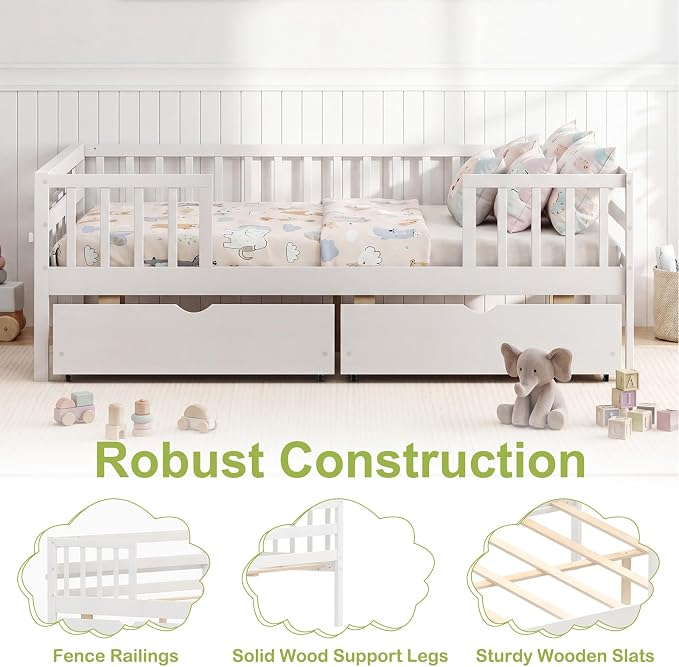 Giantex Full Kids Bed with Storage Drawers, Wood Montessori Bed with Rails & Side Shelf, Low Daybed Bed Frame for Boys Girls, No Box Spring Needed (White)