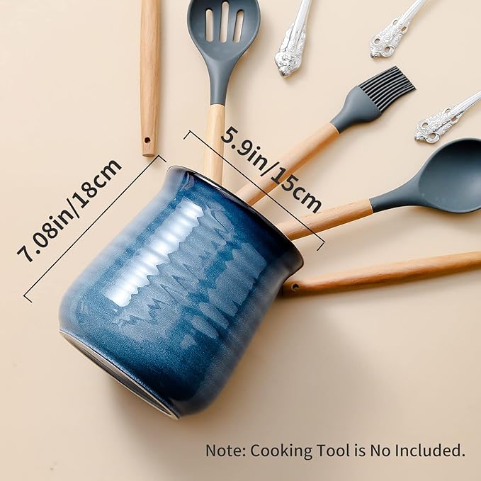 HASENSE Extra Large Utensil Holder Crock for Kitchen Counter - 7.1” x 5.9” Vintage Farmhouse Blue Ceramic Caddy Utensil Organizer and Rustic Table Decor for Spatulas, Spoons, and Other Cooking Tools