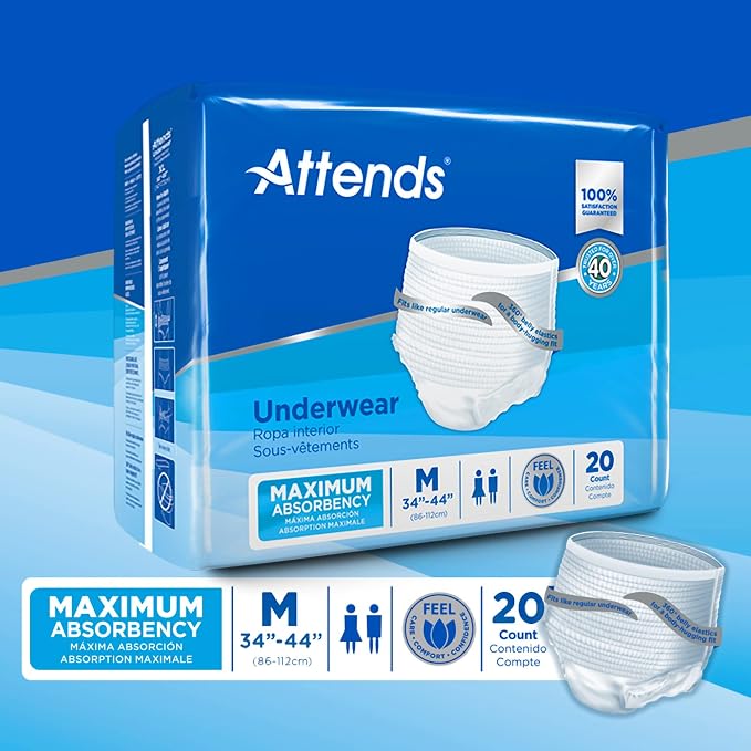 Attends Adult Absorbent Underwear, Medium [80 Count] - Maximum Absorbency for Men and Women - Disposable Pull-On Diapers with Tear-Away Sides and Breathable Waistband - AP0720
