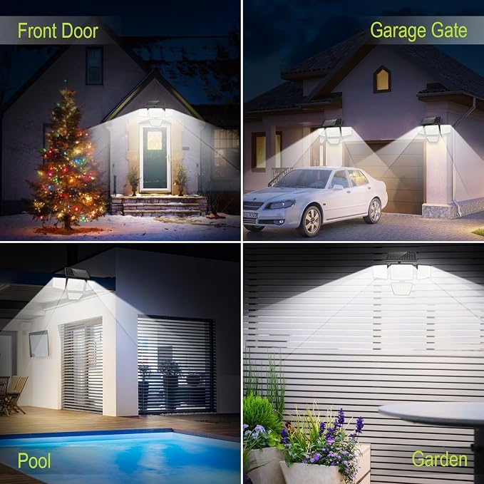 daphino 3000LM Solar Lights, Motion Sensor Outdoor Lights, 4-Head, 2 Pack | 270° Wide-Angle Street & Area Coverage, IP65 Waterproof Security Lighting, 3 Lighting Modes, Remote Control