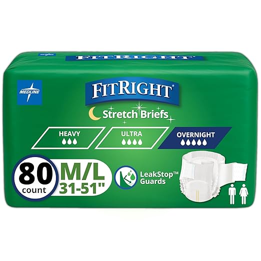 FitRight Overnight Stretch Adult Incontinence Briefs, Super Absorbent, Size 1, 31" to 52", 80 Count