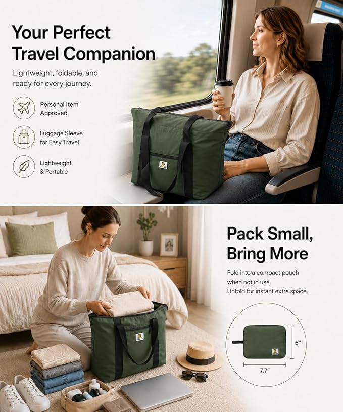 Foldable Travel Bag, 26L Duffle Bag for Travel, Expandable Second Carry-On Bag for Travel & Shopping, Water-Resistant Personal Item Bag, Olive Green
