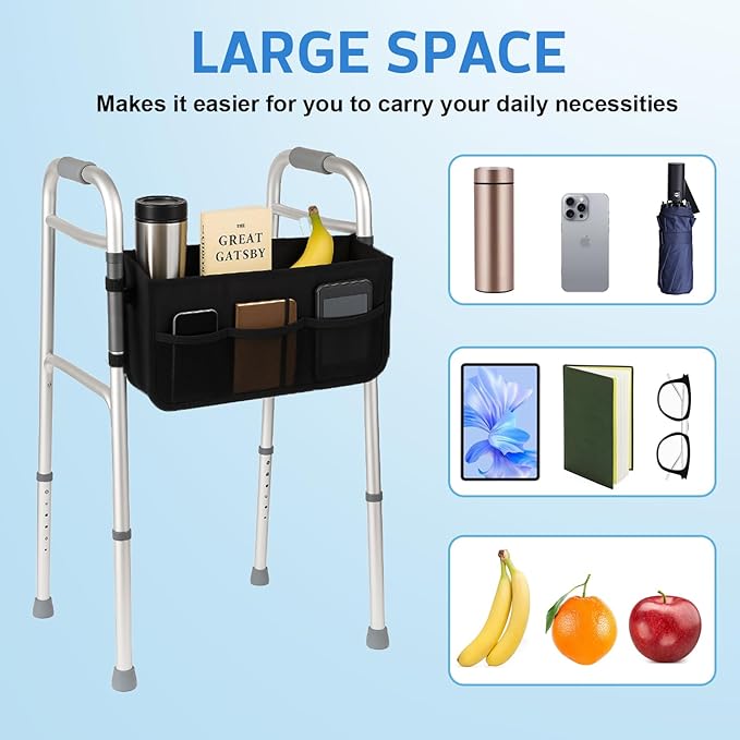 Walker Basket - Foldable Walker Bag with Cup Holder - Fits Folding Walkers - Ideal Walker Accessories for Seniors with Limited Mobility to Carry Water Bottles, Books, Essentials & More