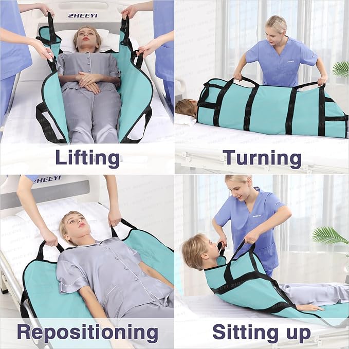 Multipurpose 48" x 40" Positioning Bed Pad with Reinforced Handles - Reusable & Washable Transfer Sheet for Turning, Lifting & Repositioning - Double-Sided Nylon Fabric, Aqua Blue