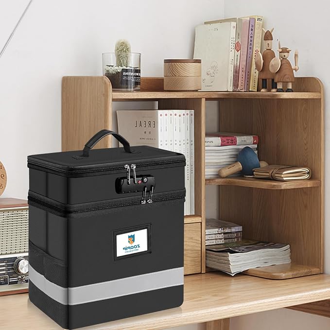 Fireproof File Box with Lock, 2 Layer Document Box Storage Organizer, Suitable for Hanging File Folders in Letter Size, Collapsible File Box, Reflective Strip for Fast Find (12.2*6*12.2, Black) | Suitable for Hanging Folders in Letter Size, Reflective ...