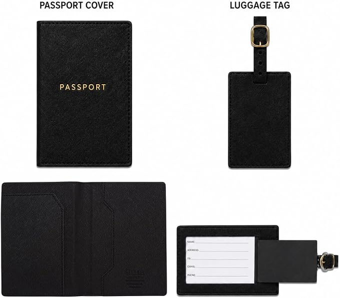 Eccolo Passport Cover Holder And Luggage Tag Set In Gift Box, Saffiano Classic Black | Faux Material, Adjustable Buckle Strap, Privacy ID Window, Slim Lightweight Build for Easy Carry